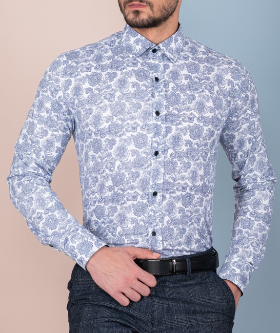 Λευκό ανδρικό πουκάμισο με μπλε φλοράλ στοιχεία