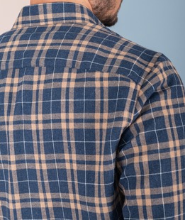 Μπλε βαμβακερό ανδρικό πουκάμισο με καφέ καρό