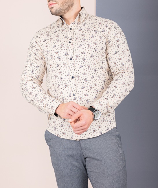Μπεζ ανδρικό  πουκάμισο με τυπωμένα μικρά Φλοράρ σχέδια 