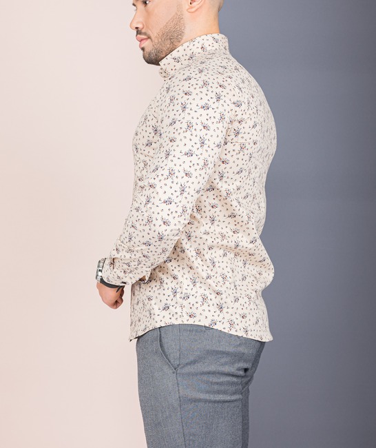 Μπεζ ανδρικό  πουκάμισο με τυπωμένα μικρά Φλοράρ σχέδια 