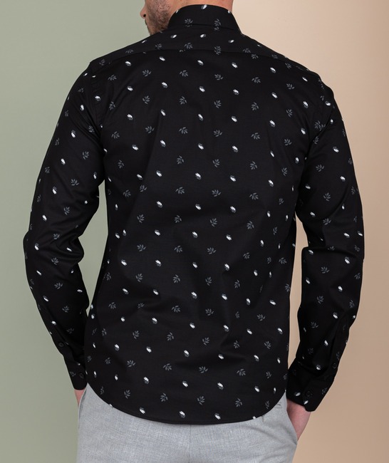 Μαύρο ανδρικό πουκάμισο με μοτίβα γκρι κλαδάκια και μικρα φυλλα