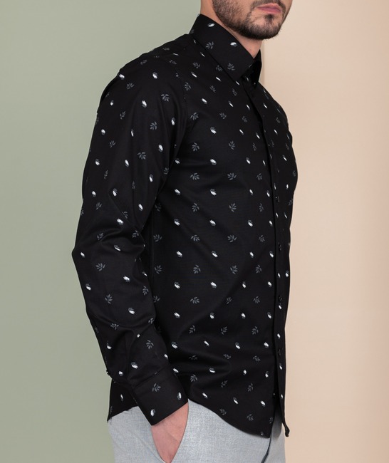Μαύρο ανδρικό πουκάμισο με μοτίβα γκρι κλαδάκια και μικρα φυλλα