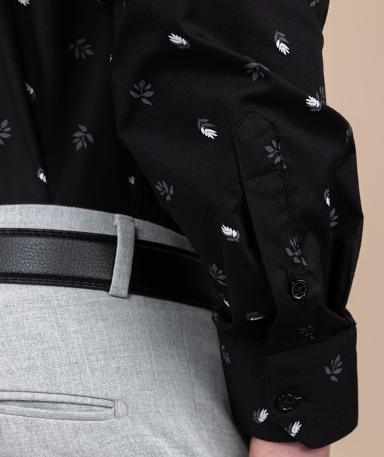 Μαύρο ανδρικό πουκάμισο με μοτίβα γκρι κλαδάκια και μικρα φυλλα