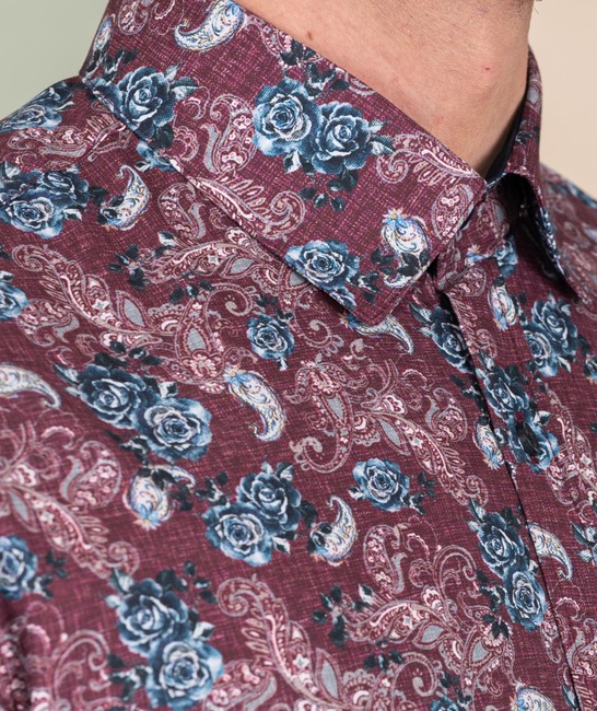 Ανδρικό πουκάμισο σε μπορντό χρώμα με τριαντάφυλλα και φλοράλ στοιχεία