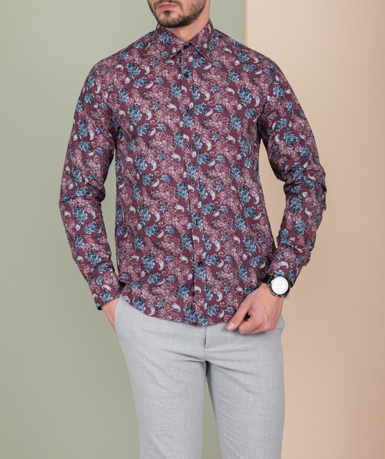 Ανδρικό πουκάμισο σε μπορντό χρώμα με τριαντάφυλλα και φλοράλ στοιχεία