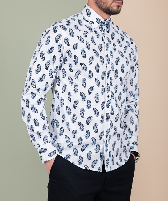 Λευκό ανδρικό πουκάμισο με μεγάλα Paisley print