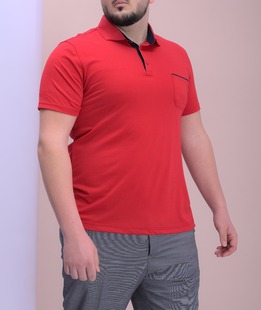 Big size ανδρικό μπλουζάκι με γιακά και τσέπη χρώμα κόκκινο 