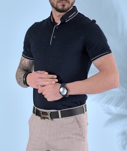 Ανδρικό μπλουζάκι  σκούρο μπλε γιακά με birds