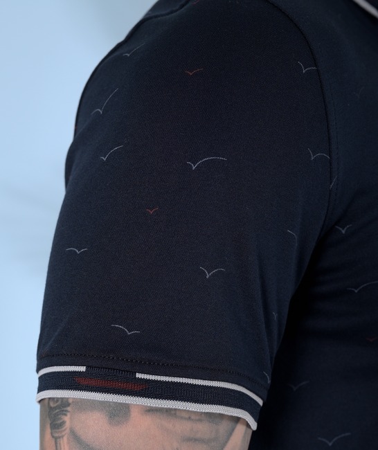 Ανδρικό μπλουζάκι  σκούρο μπλε γιακά με birds