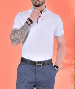 Ανδρικό μπλουζάκι λευκό με γιακά σε στοιχεία