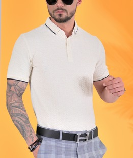 Ανδρικό t-shirt με γιακά σε μικρά στοιχεία χρώμα μπεζ 