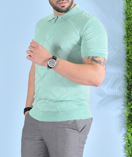 Πλεκτό μπλουζάκι με γιακά και ρομβοειδές χρώμα μέντα 