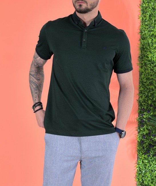 Ανδρικό μπλουζάκι με γιακά σκούρο πράσινο