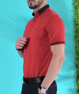 Ανδρικό κόκκινο μονόχρωμο μπλουζάκι με γιακά και λογότυπο