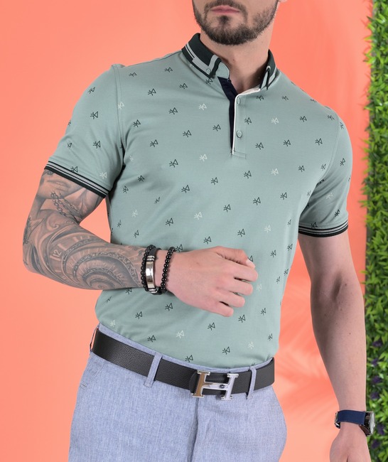 Ανδρικό μπλουζάκι με γιακά και φιγούρες χρώμα μέντα 