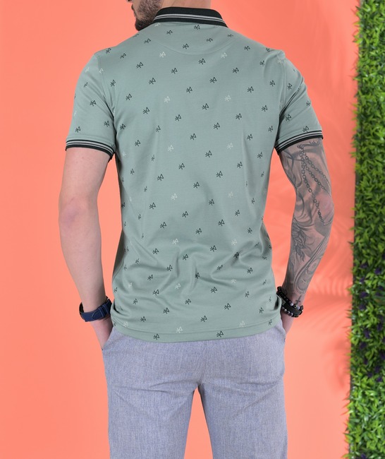 Ανδρικό μπλουζάκι με γιακά και φιγούρες χρώμα μέντα 