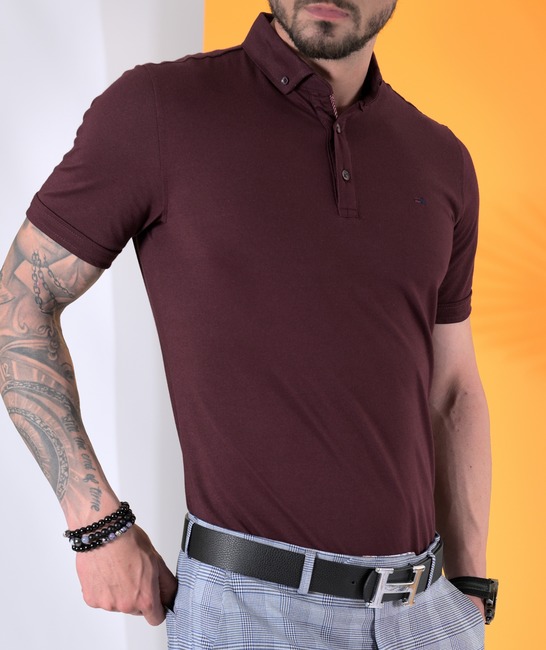 Ανδρικό μονόχρωμο μπλουζάκι με γιακά χρώμα μπορντό με λογότυπο