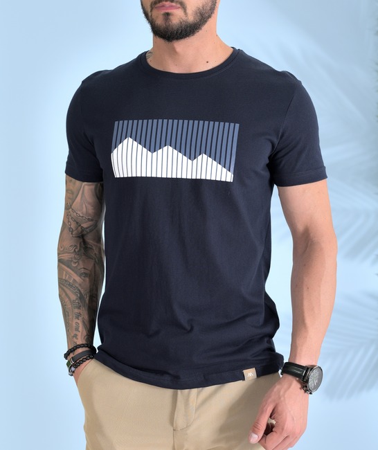Ανδρικό σκύρο μπλε μπλουζάκι με τρισδιάστατο βουνό σε  γραμμές
