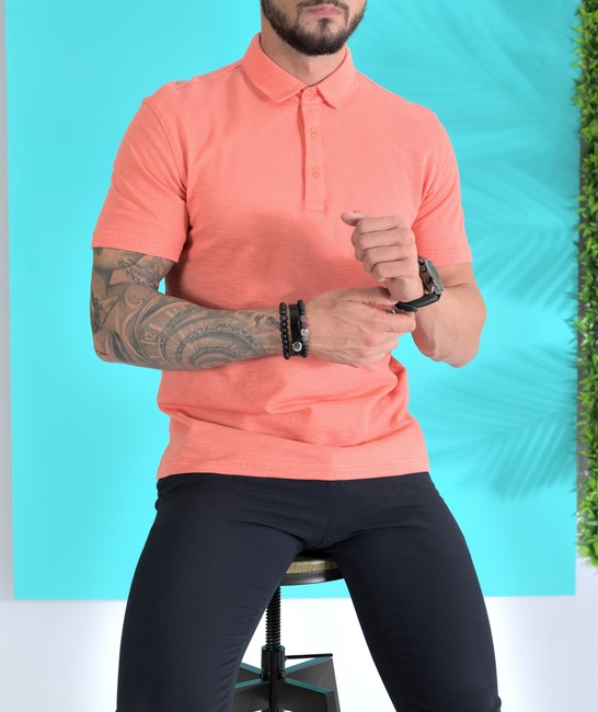 Μπλουζάκι από ανάγλυφο ύφασμα με γιακά χρώμα πορτοκαλί 