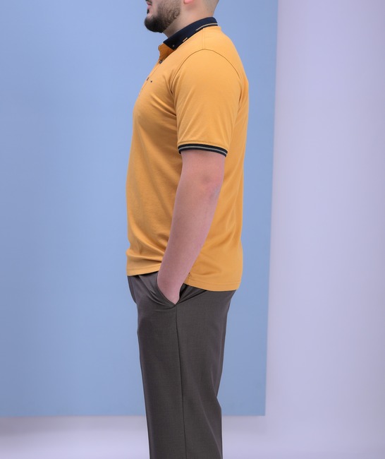 Ανδρική μπλούζα με γιακά σε μεγάλο μέγεθος και μικρό λογότυπο χρώμα μουσταρδί