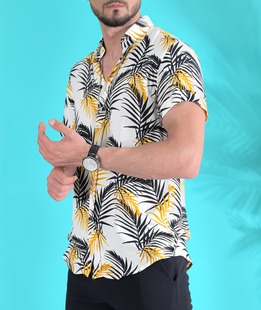 Λευκό κοντομάνικο πουκάμισο με μαύρες και πορτοκαλί φοίνικες