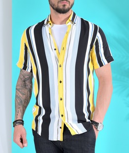 Κοντομάνικο πουκάμισο με κίτρινες και μπλε κάθετες γραμμές