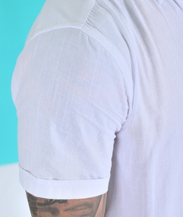 Λευκό λινό κοντομάνικο πουκάμισο με λογότυπο