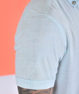 Ανδρικό λινό κοντομάνικο πουκάμισο πράσινο - γαλάζιο χρώμα 