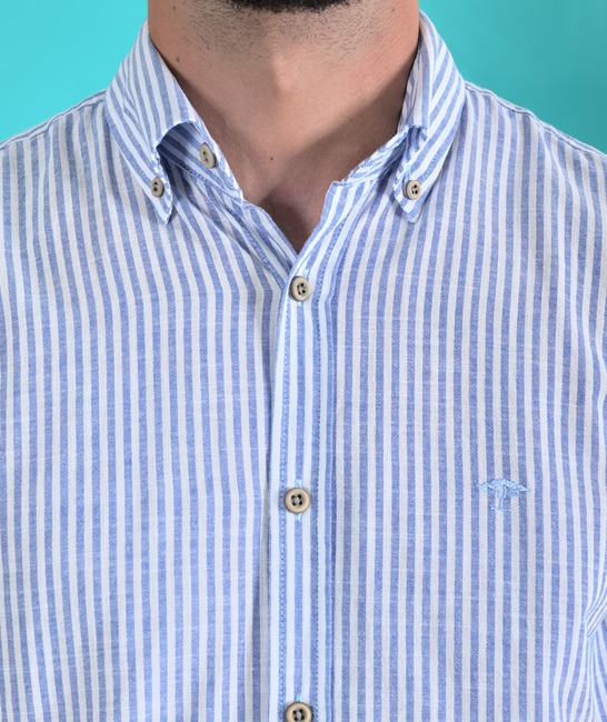 Λινό ανδρικό κοντομάνικο πουκάμισο σε μπλε ρίγα