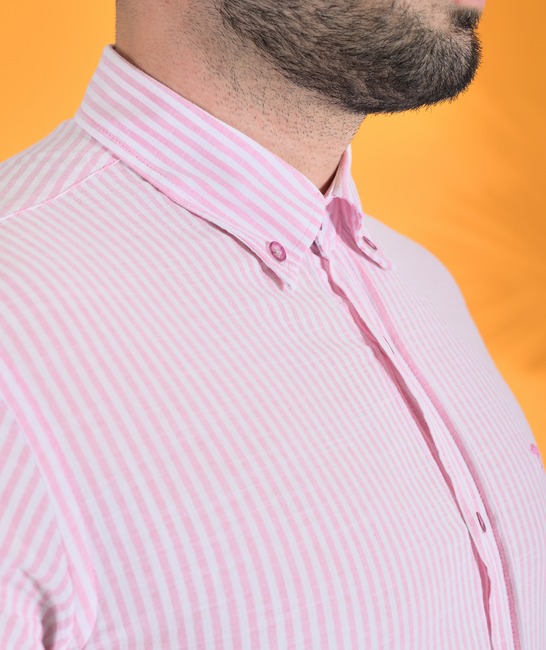 Ανδρικό λινό ριγέ κοντομάνικο πουκάμισο χρώμα ροζ