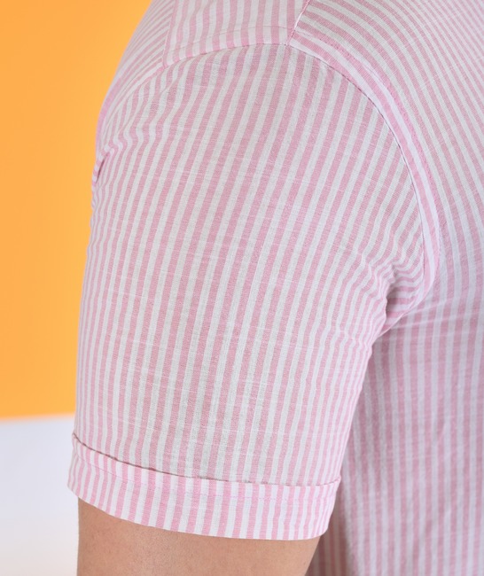 Ανδρικό λινό ριγέ κοντομάνικο πουκάμισο χρώμα ροζ
