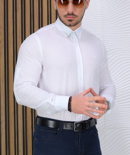 Λευκό ανδρικό λινό πουκάμισο με λογότυπο