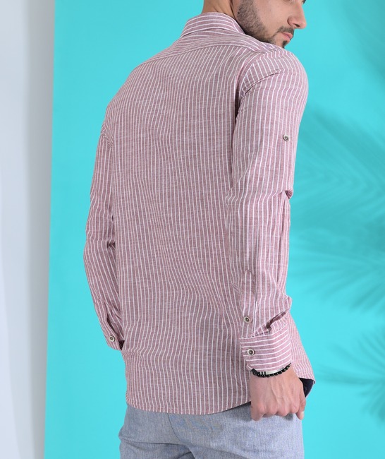 Λινό ανδρικό πουκάμισο ριγέ χρώμα μπορντό με λογότυπο