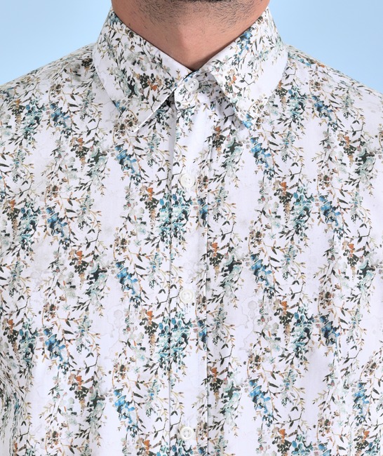 Ανδρικό λευκό βαμβακερό  πουκάμισο με λουλούδια 