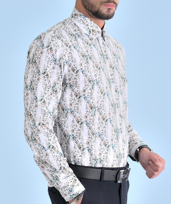 Ανδρικό λευκό βαμβακερό  πουκάμισο με λουλούδια 