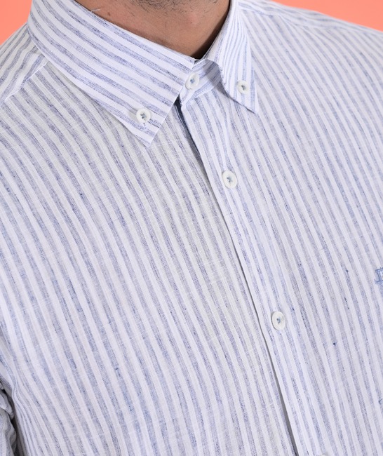 Ανδρικό λινό ριγέ πουκάμισο με μικρό λογότυπο σε μπλε 