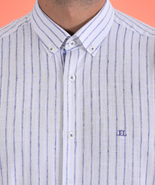 Μπλε ριγέ λινό πουκάμισο με κεντημένο λογότυπο