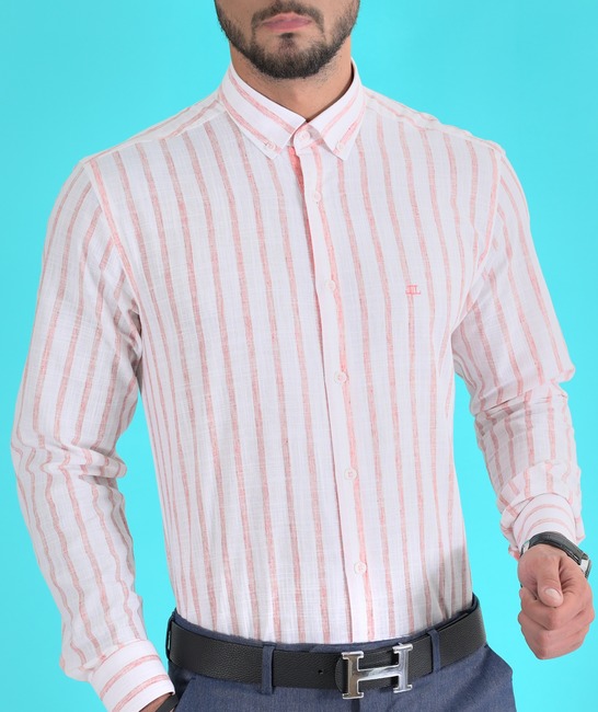 Κομψό λινό ριγέ πουκάμισο σε χρώμα καρπουζί με κεντημένο λογότυπο