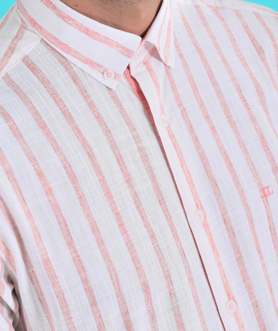 Κομψό λινό ριγέ πουκάμισο σε χρώμα καρπουζί με κεντημένο λογότυπο