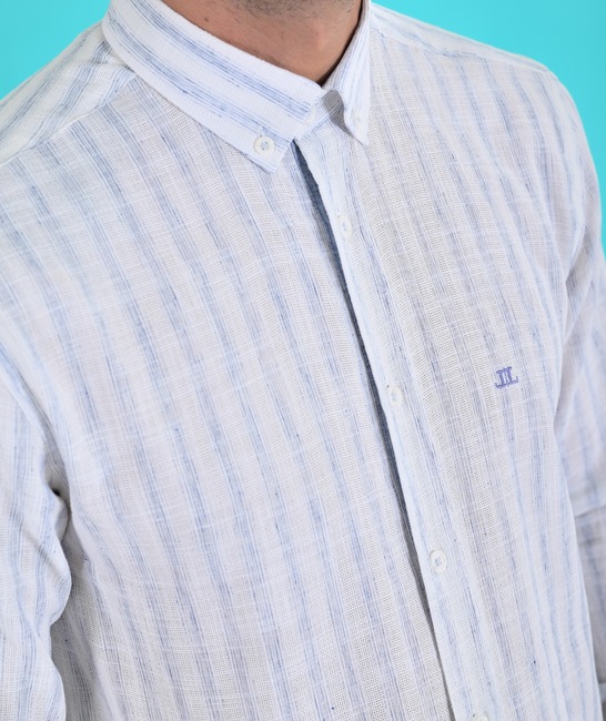 Ανδρικό λινό πουκάμισο σκούρο μπλε ριγέ με λογότυπο