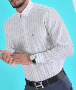 Ανδρικό λινό πουκάμισο σκούρο μπλε ριγέ με λογότυπο