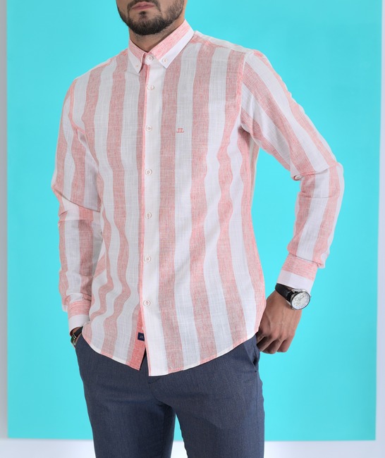 Ανδρικό λινό πουκάμισο με μεγάλο ριγέ χρώμα καρπούζι
