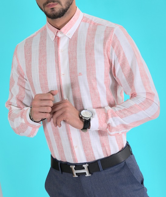 Ανδρικό λινό πουκάμισο με μεγάλο ριγέ χρώμα καρπούζι