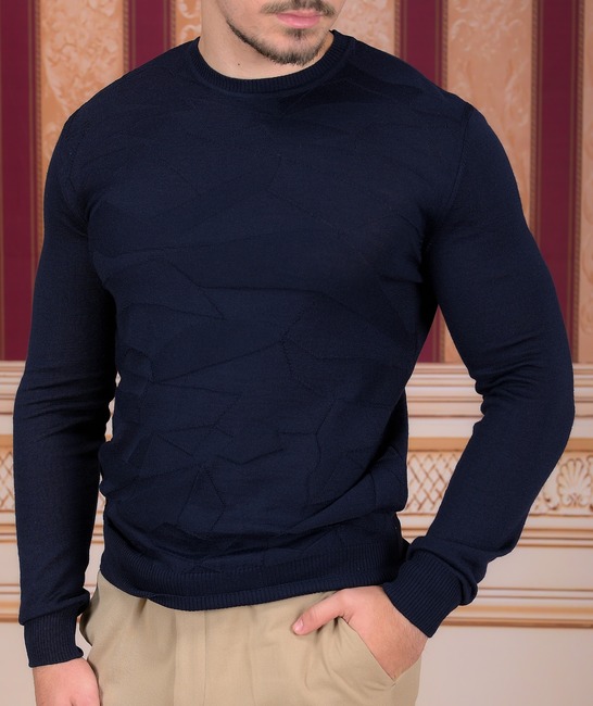 Ανδρικό λεπτό πλεκτό μάλλινο πουλόβερ σκούρο μπλε χρώμα