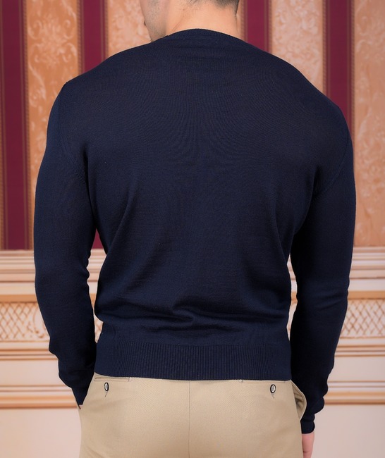 Ανδρικό λεπτό πλεκτό μάλλινο πουλόβερ σκούρο μπλε χρώμα