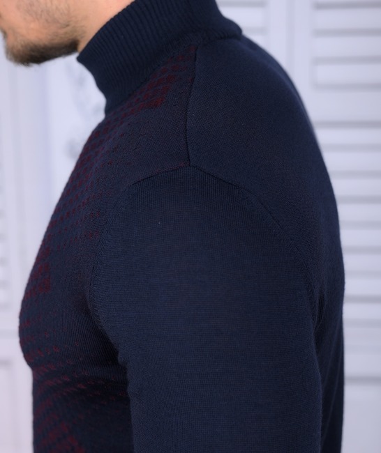 Κομψό ανδρικό μάλλινο μπλε πουλόβερ με μπορντό τόνους