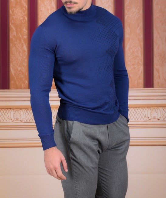 Πολυτελές ανδρικό μάλλινο μπλε πουλόβερ