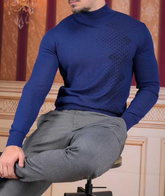 Πολυτελές ανδρικό μάλλινο μπλε πουλόβερ