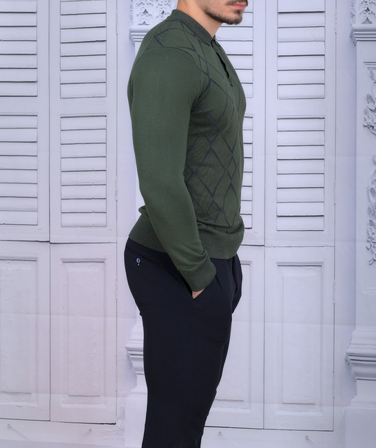 Ανδρικό πουλόβερ σκούρο πράσινο με γιακά