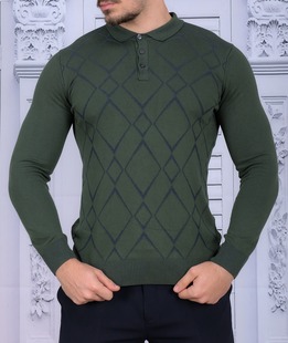 Ανδρικό πουλόβερ σκούρο πράσινο με γιακά